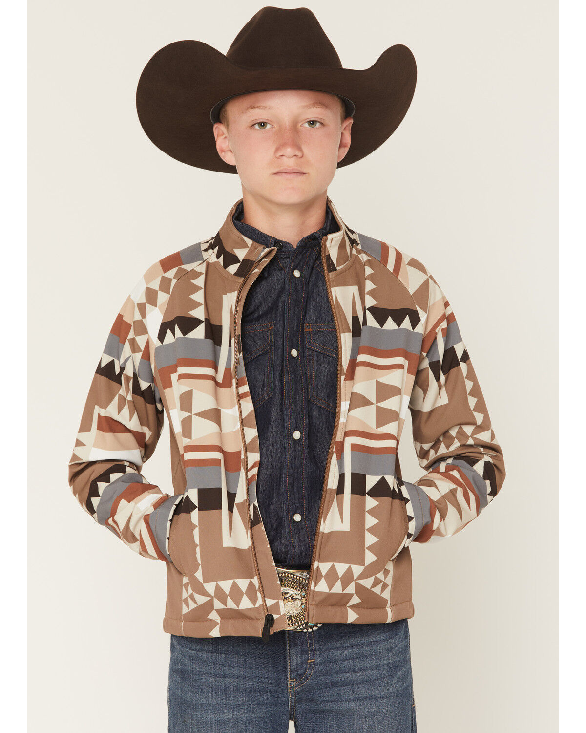 Image #1 - RANK 45® Boys' Cheneka Southwestern Print Softshell Jacket, Tan, hi-res