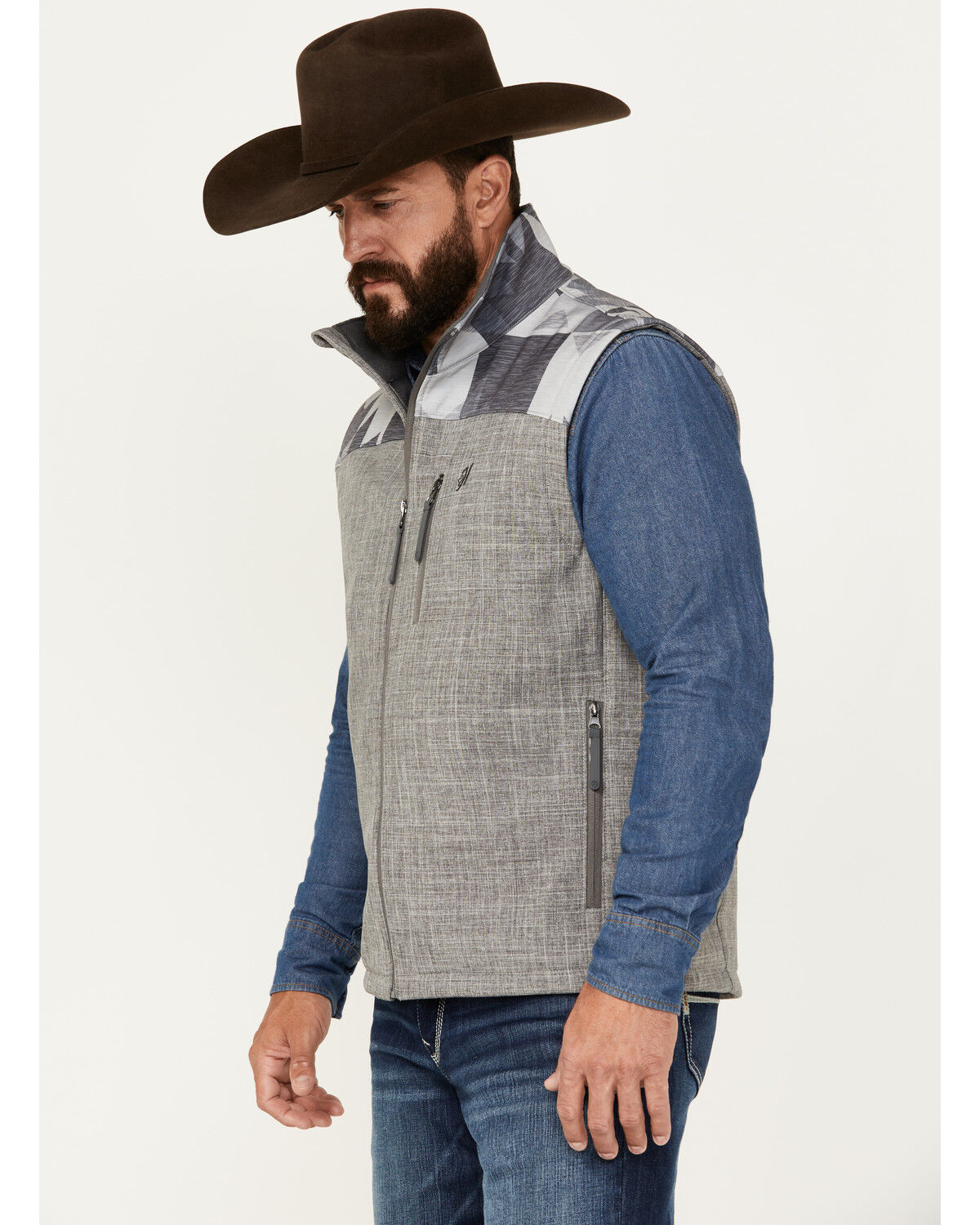 Image #2 - Hooey Men's Southwestern Print Softshell Vest, Grey, hi-res