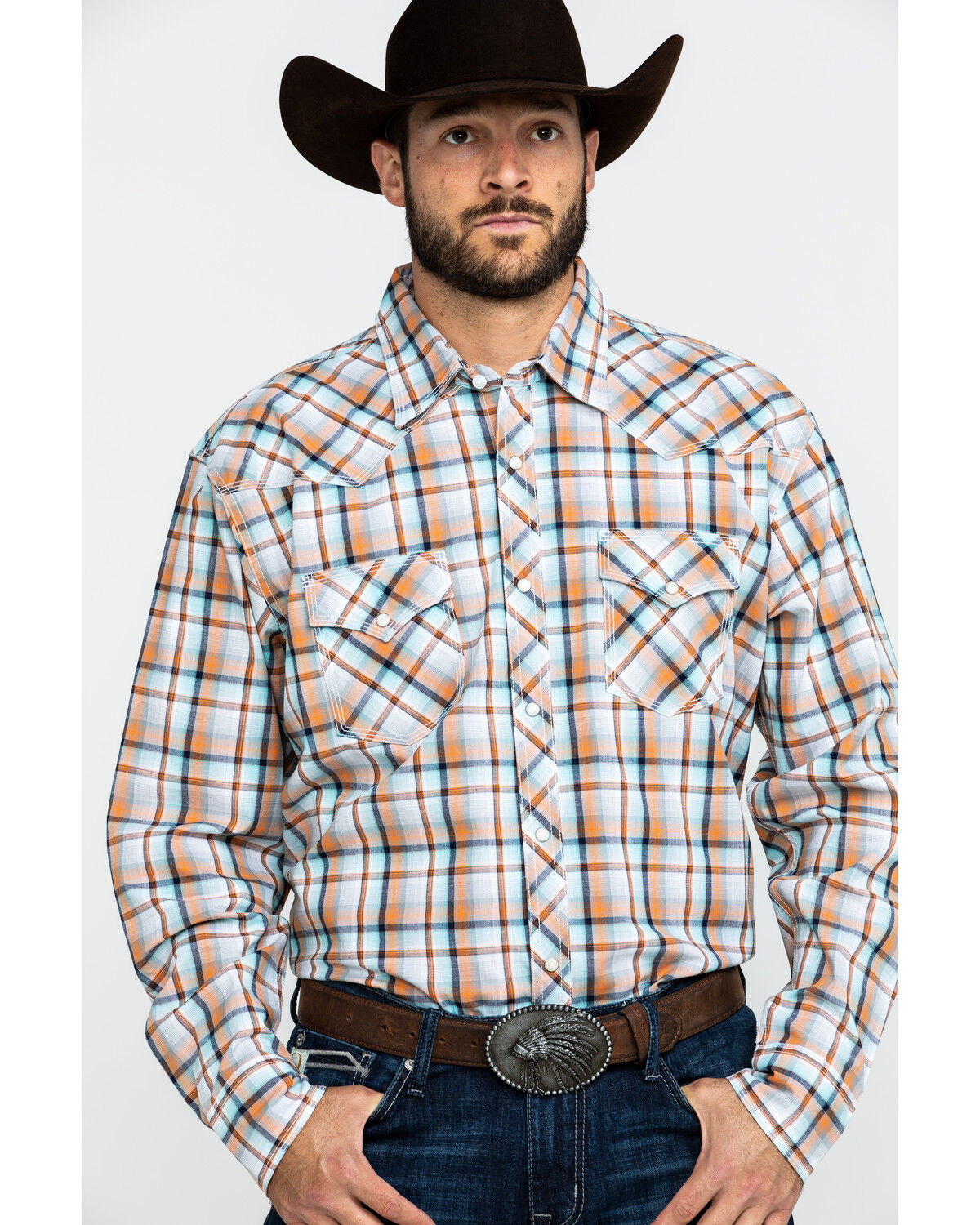 Image #1 - Wrangler 20X Men's Advanced Comfort Orange Plaid Long Sleeve Western Shirt, , hi-res