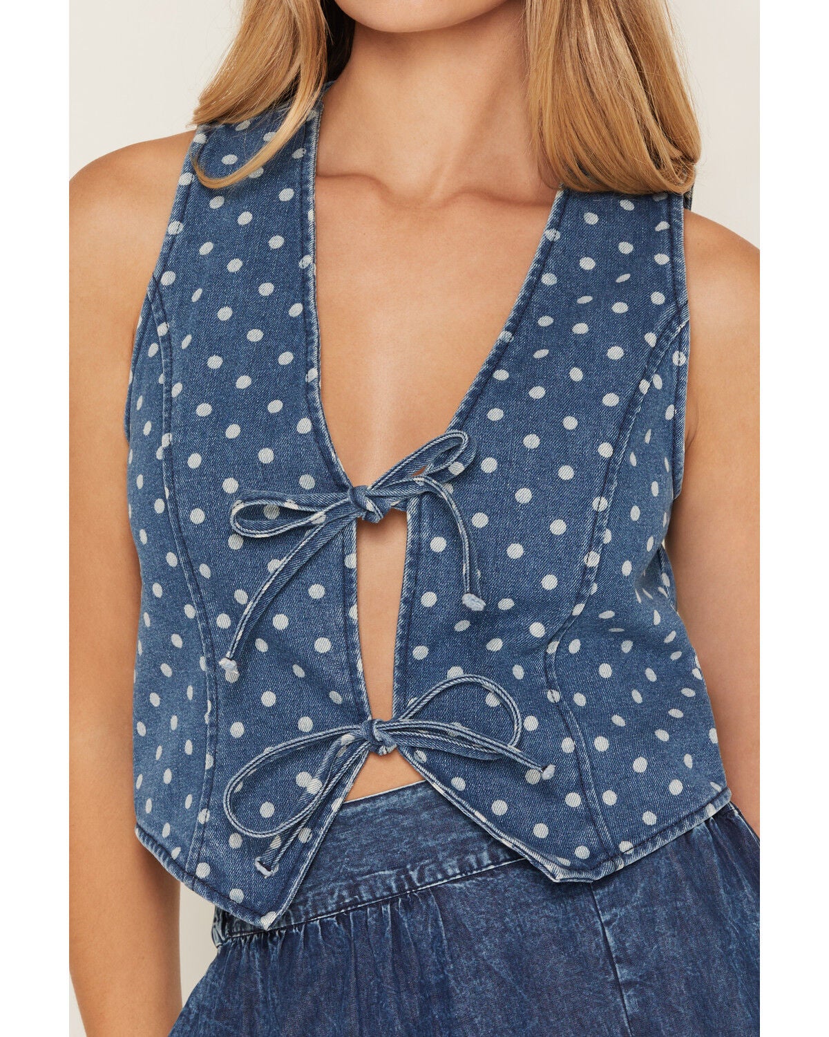 Image #3 - Ashley Women's Boot Barn Exclusive Polka Dot Print Tie-Front Denim Vest, Medium Wash, hi-res