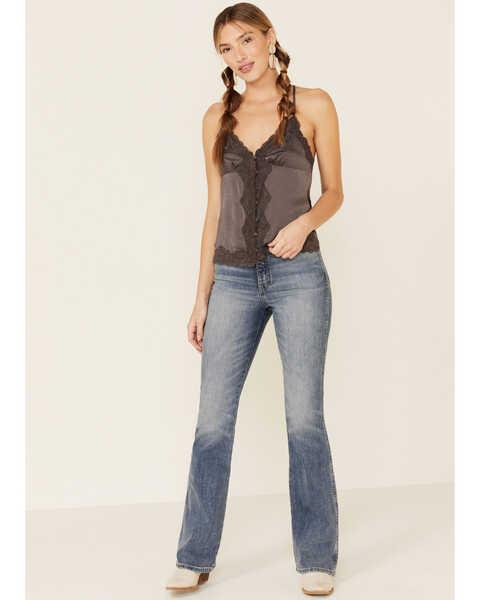 Image #2 - Wishlist Women's Satin Lace Button Front Tank Top, Charcoal, hi-res