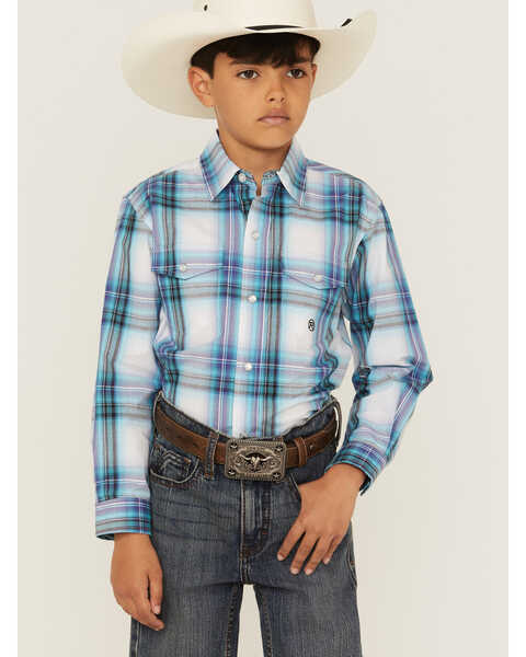 Image #1 - Roper Boys' Plaid Print Long Sleeve Pearl Snap Western Shirt, Blue, hi-res
