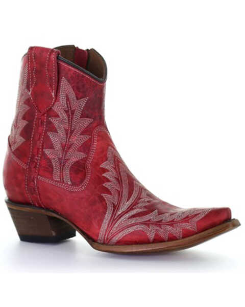 Corral Women's Embroidered Western Booties - Snip Toe , Red, hi-res