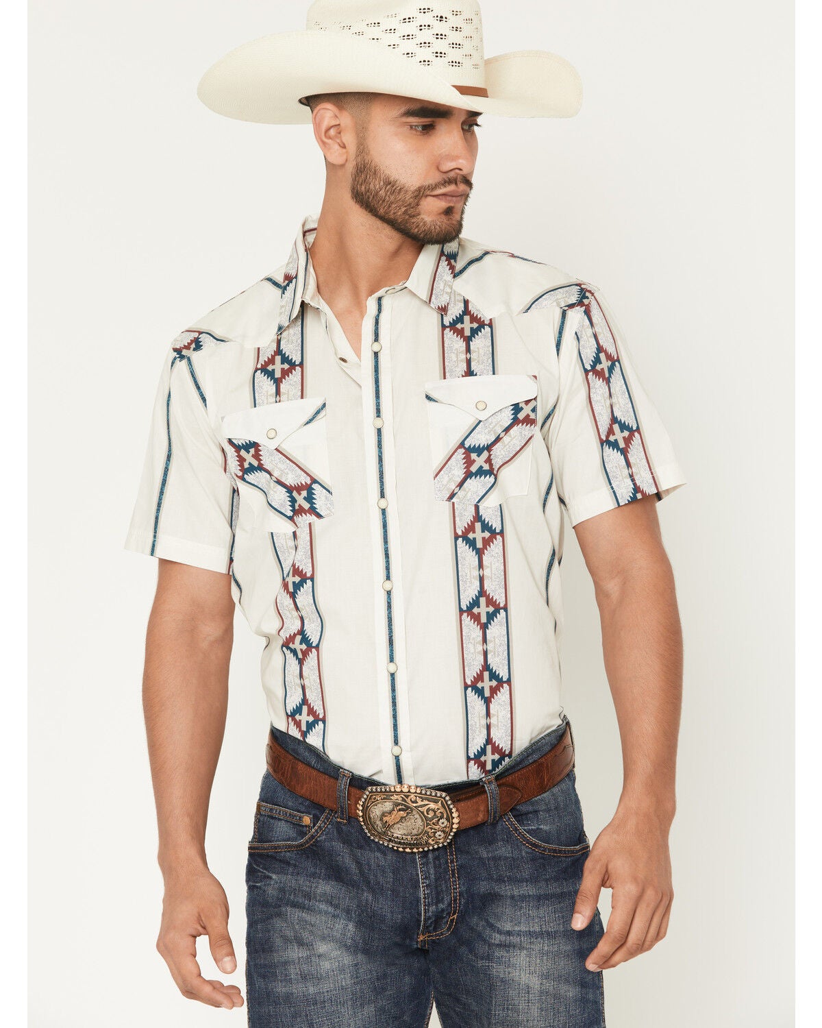 Panhandle Men's Southwestern Stripe Print Short Sleeve Snap Western Shirt, Cream, hi-res