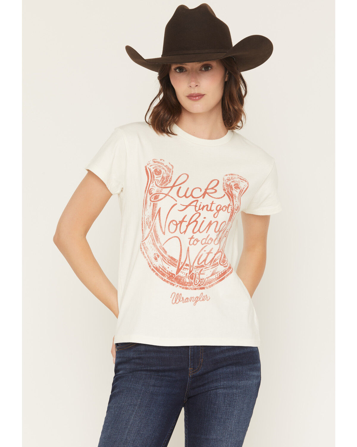 Image #1 - Wrangler Women's Luck Ain't Got Noting To Do With It Short Sleeve Graphic Tee, White, hi-res