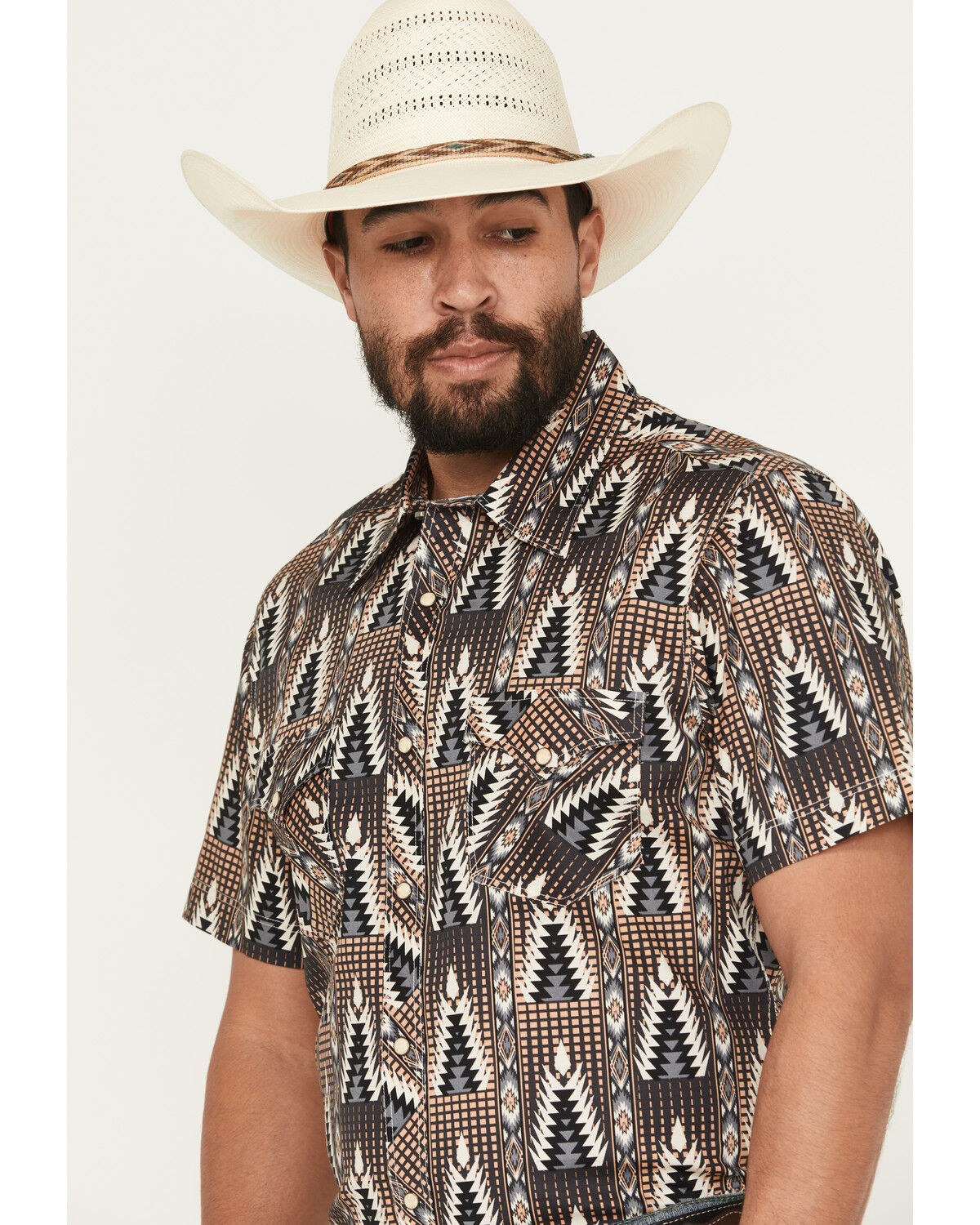 Image #2 - Rock & Roll Denim Men's Southwestern Print Short Sleeve Snap Stretch Western Shirt, Black, hi-res
