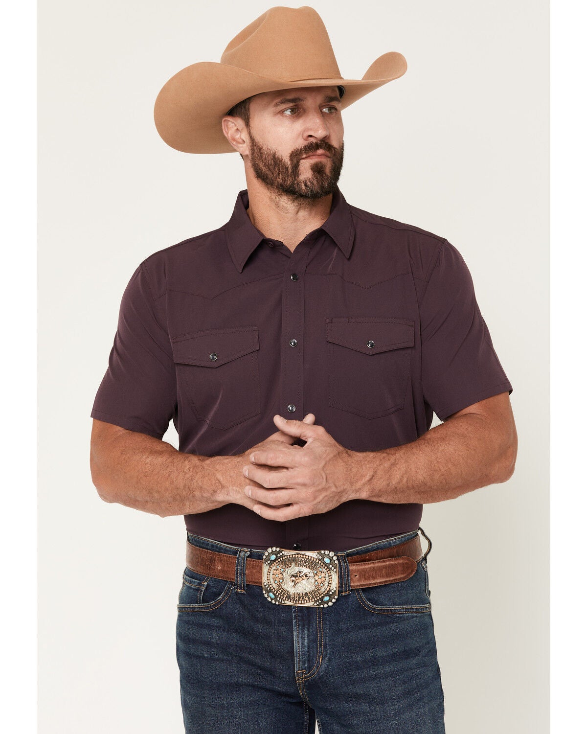 RANK 45&reg; Men's Rudge Solid Rodeo Tech 2.0 Short Sleeve Snap Stretch Performance Shirt, Purple, hi-res
