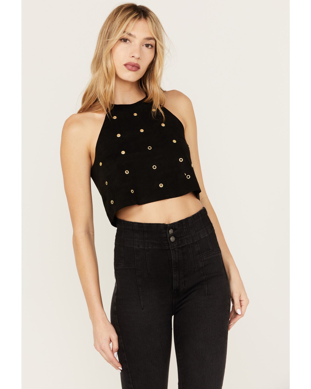 Vocal Women's Faux Suede Eyelet Halter Crop Top, Black, hi-res