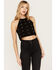 Image #1 - Vocal Women's Faux Suede Eyelet Halter Crop Top, Black, hi-res