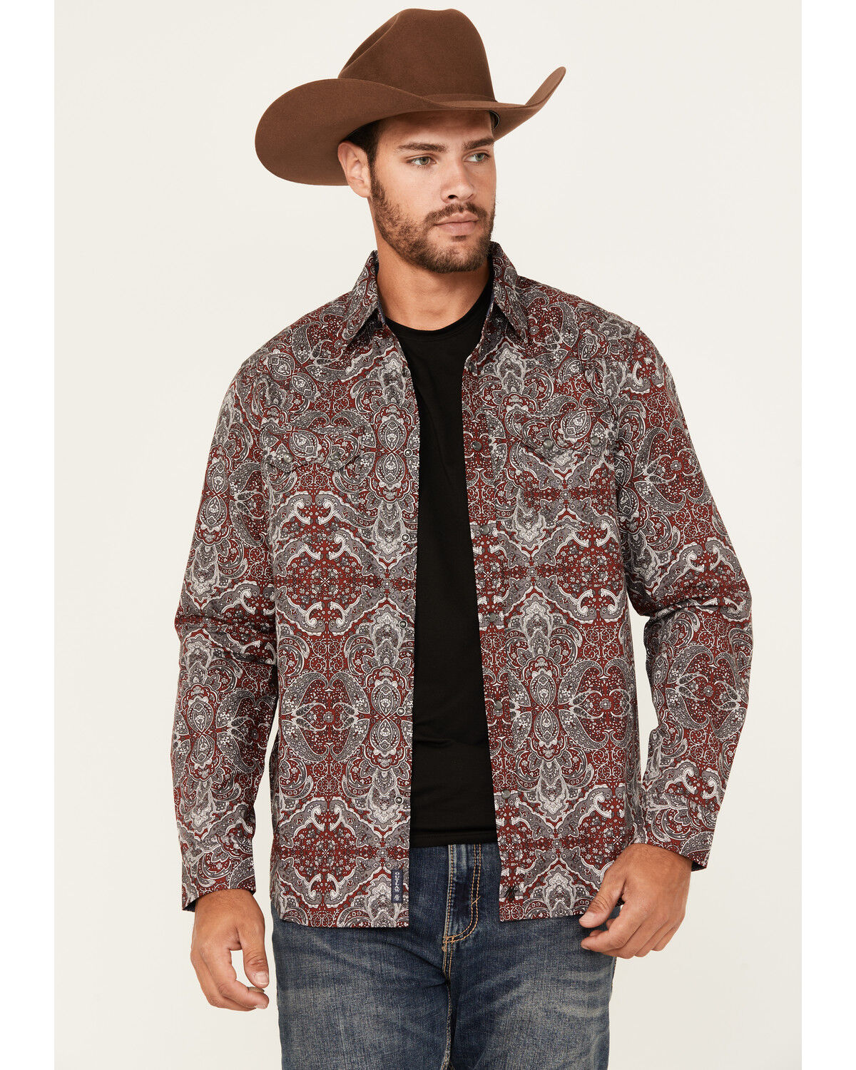 Image #1 - Moonshine Spirit Men's Manhattan Paisley Print Long Sleeve Snap Western Shirt, Burgundy, hi-res
