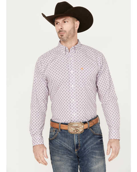 Ariat Men's Merrick Print Button Down Long Sleeve Western Shirt, Lavender, hi-res
