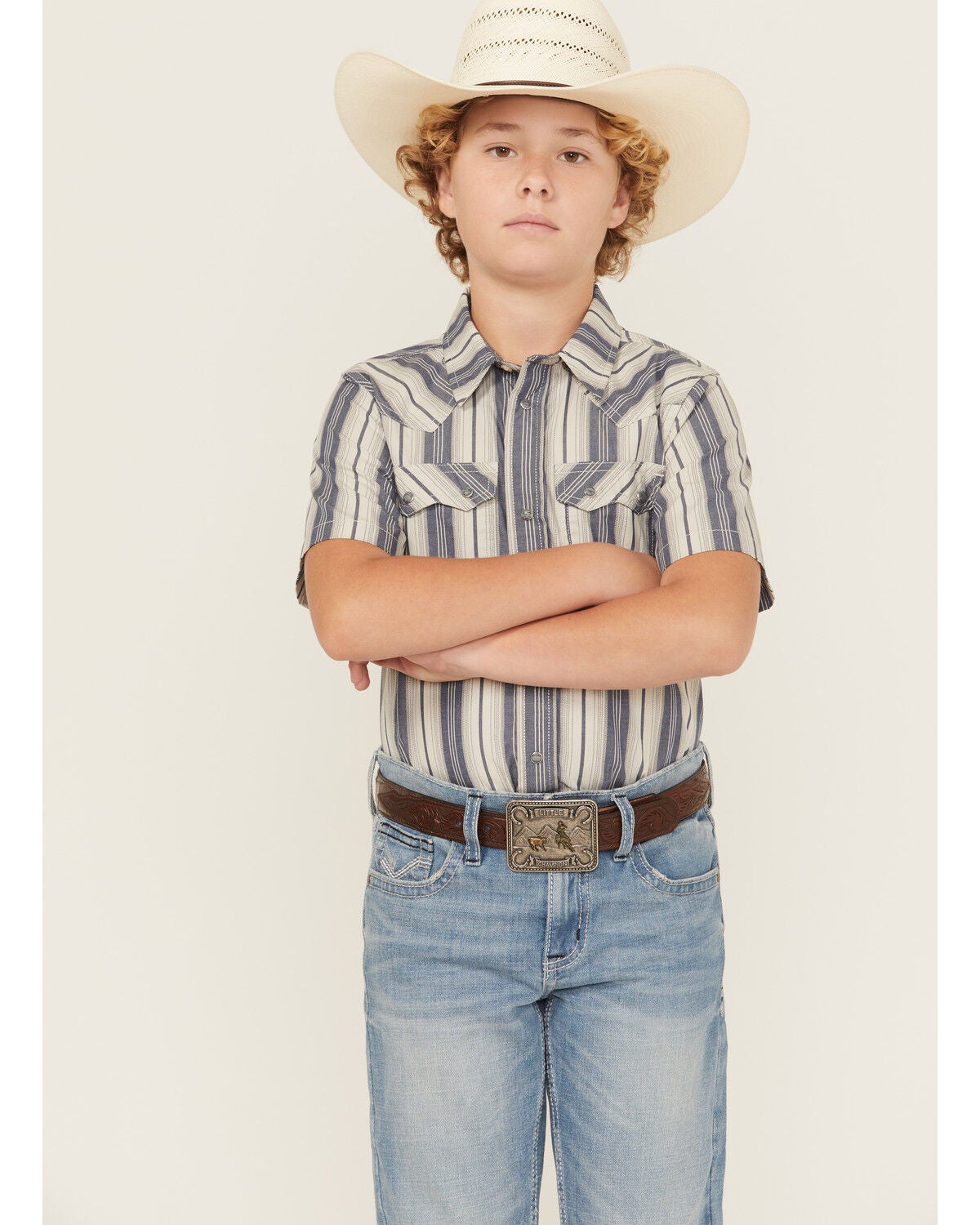 Cody James Boys' Roman Striped Short Sleeve Snap Western Shirt, Blue, hi-res