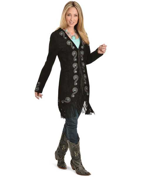 Image #2 - Scully Women's Embroidered Fringe Long Suede Leather Jacket, , hi-res