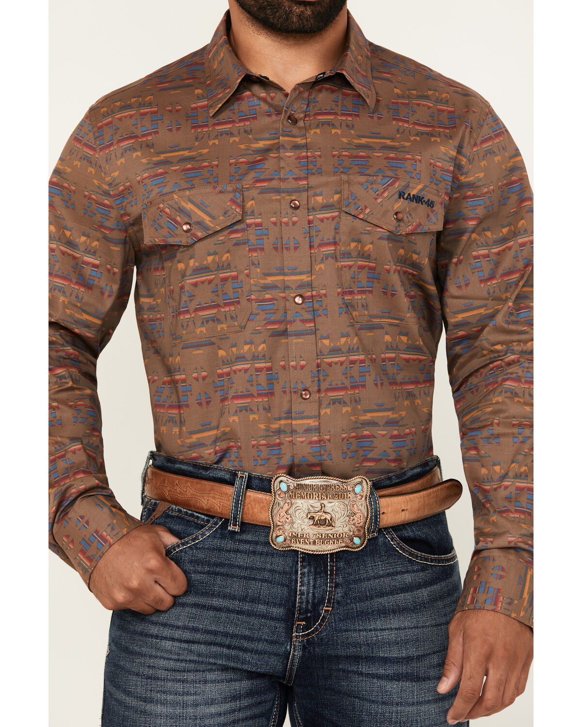 Image #3 - RANK 45® Men's Trinidad Southwestern Print Long Sleeve Pearl Snap Stretch Western Shirt, Red, hi-res