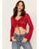 Image #2 - En Creme Women's Crochet Tie Front Long Sleeve Top, Red, hi-res
