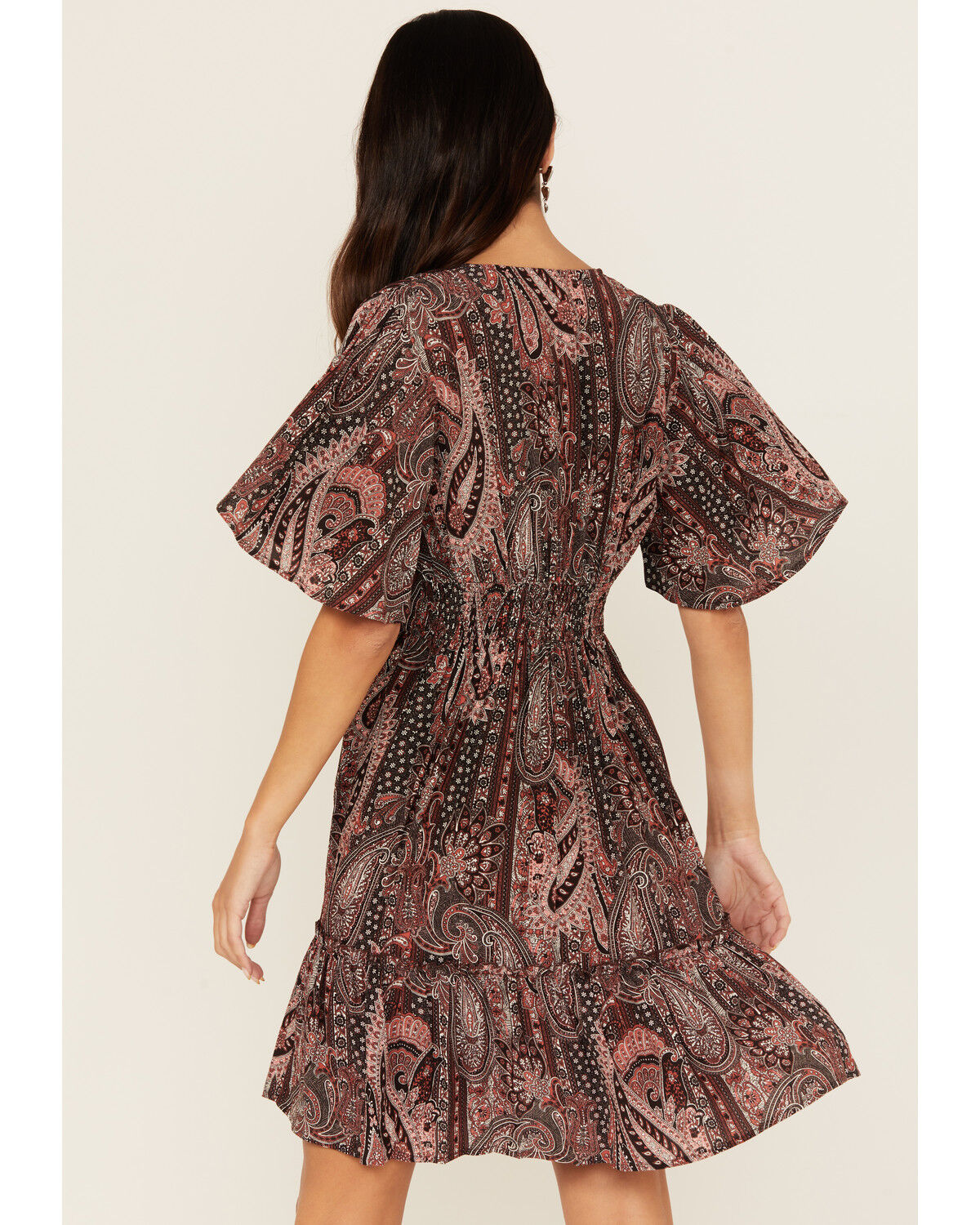 Image #4 - Shyanne Women's Crochet Trim Printed Short Sleeve Mini Dress, Chocolate, hi-res