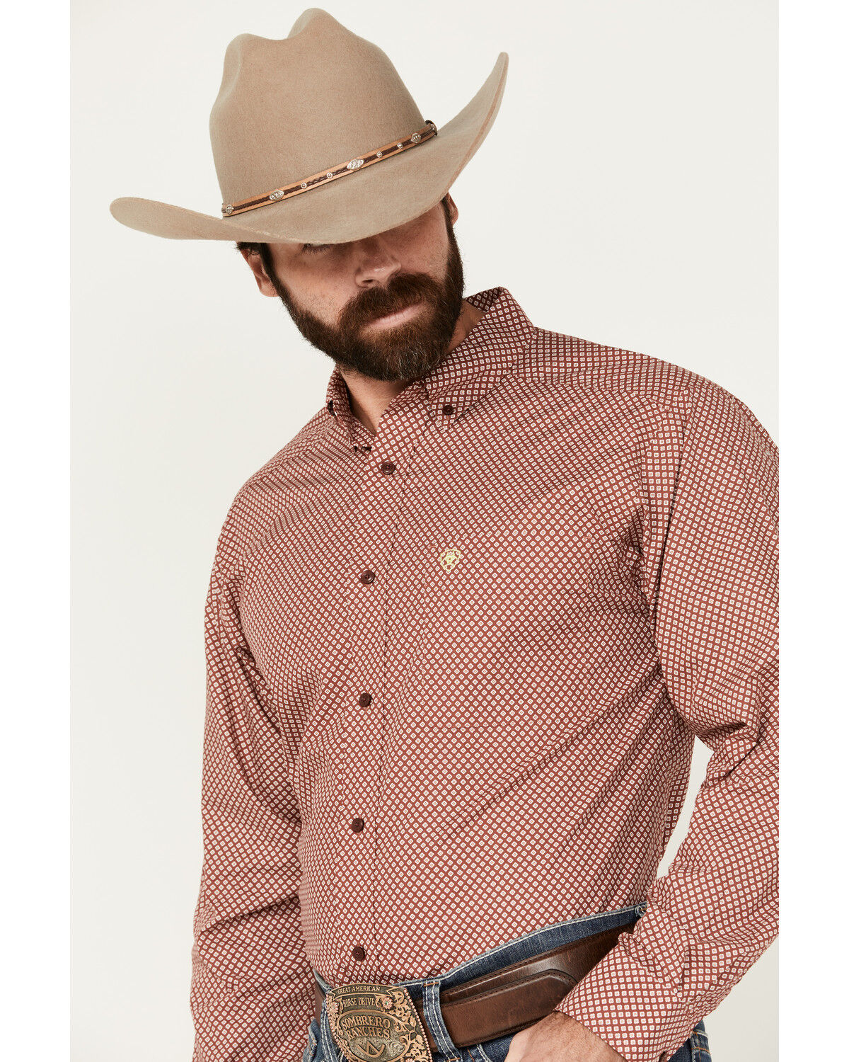 Image #2 - Ariat Men's Teegan Geo Print Long Sleeve Button-Down Western Shirt, Red, hi-res