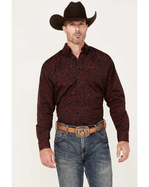 Cinch Men's Paisley Print Long Sleeve Button-Down Western Shirt, Red, hi-res