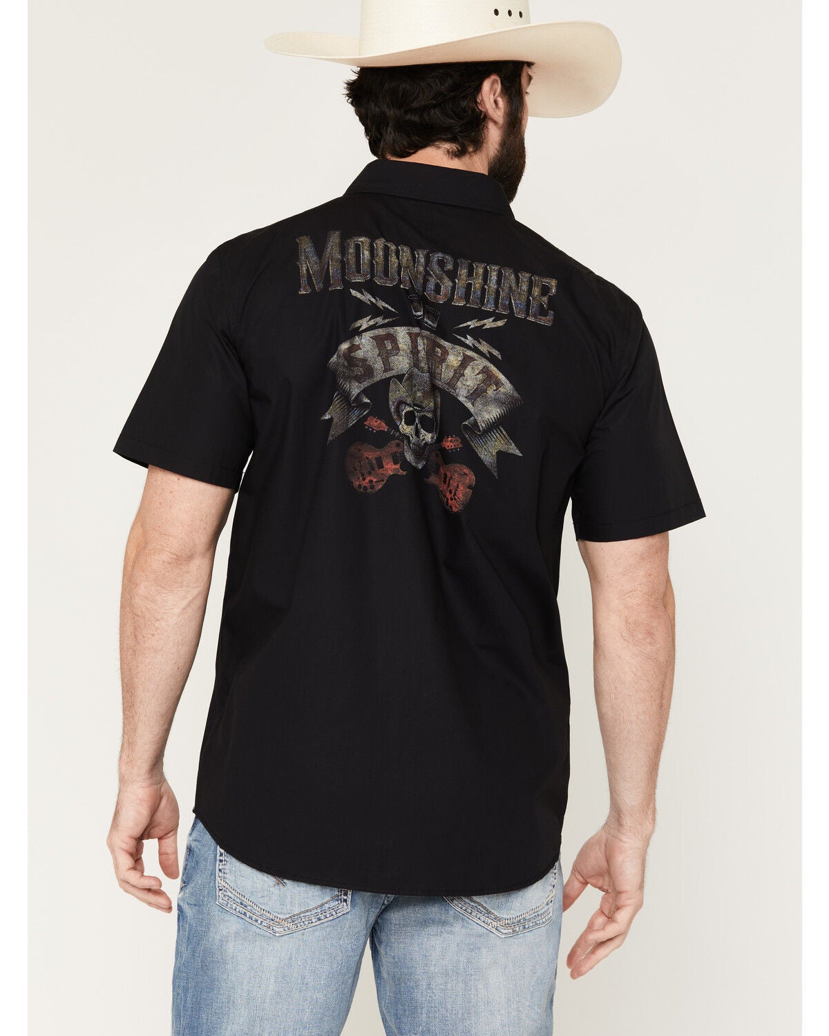 Image #1 - Moonshine Spirit&reg; Men's 120 Proof Logo Print Short Sleeve Snap Western Shirt, Black, hi-res