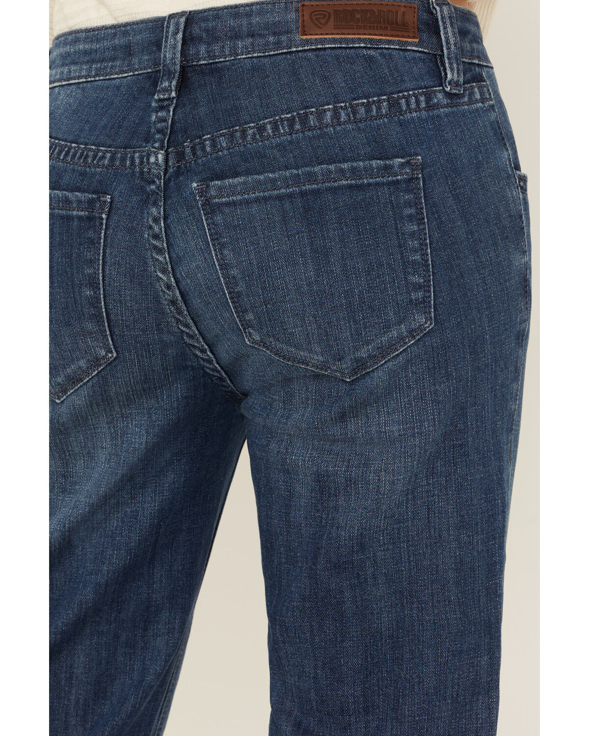 Image #4 - Rock & Roll Denim Women's Dark Wash Mid Rise Hem Stitched Trouser Stretch Denim Jeans, Dark Wash, hi-res