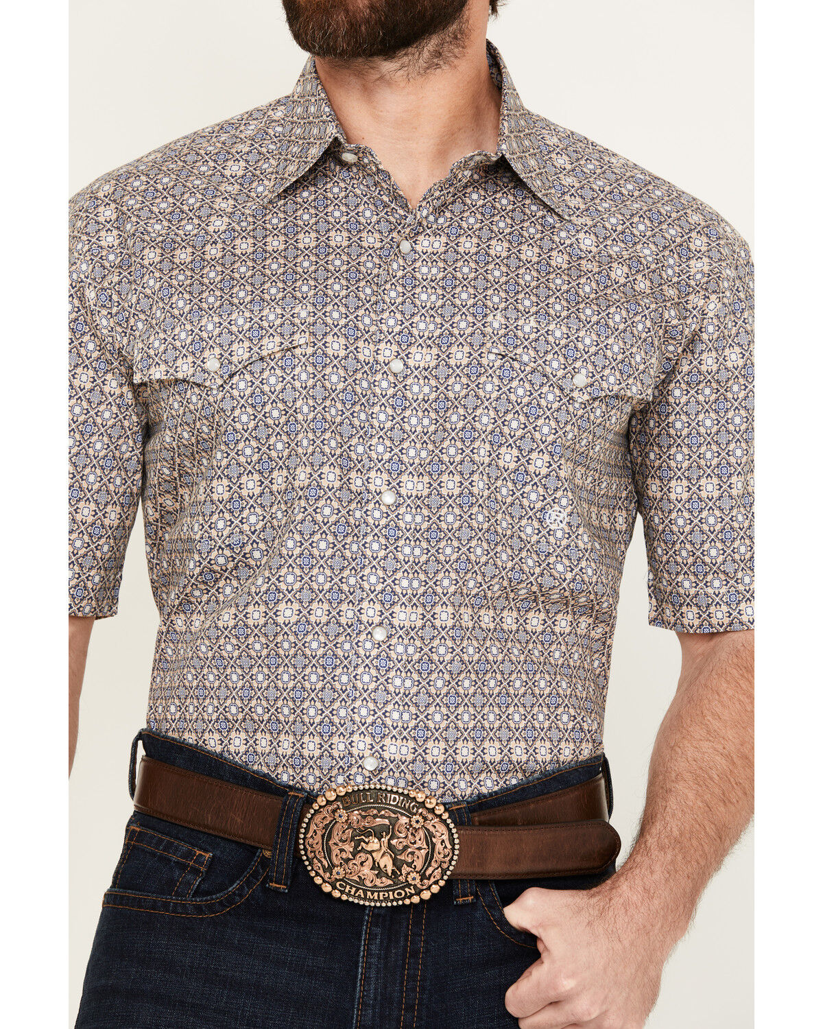 Image #3 - Roper Men's Amarillo Mini Medallion Print Short Sleeve Snap Western Shirt, Beige, hi-res