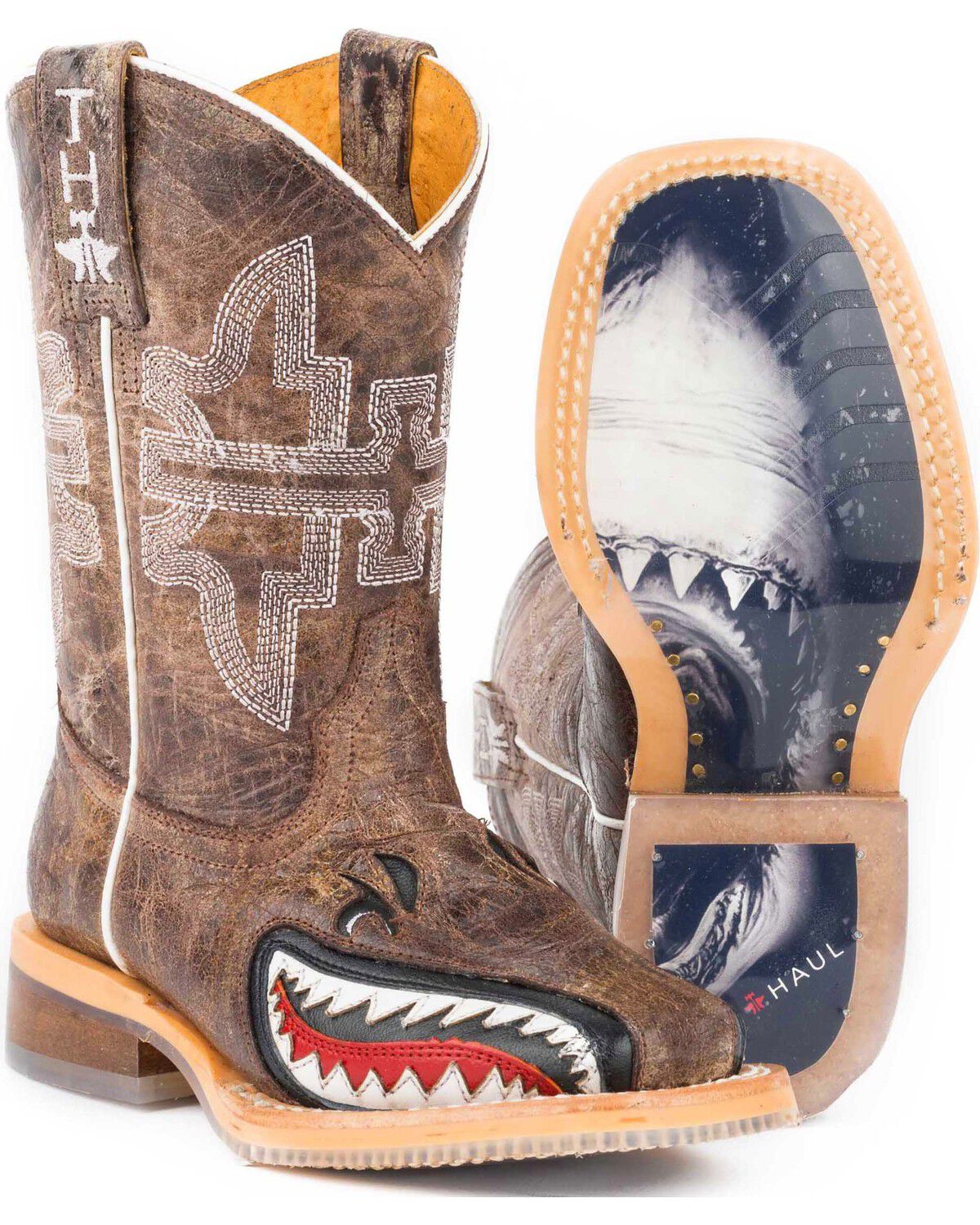Image #1 - Tin Haul Boys' Tan and Red 8" Leather Western Boots - Square Toe, Tan, hi-res