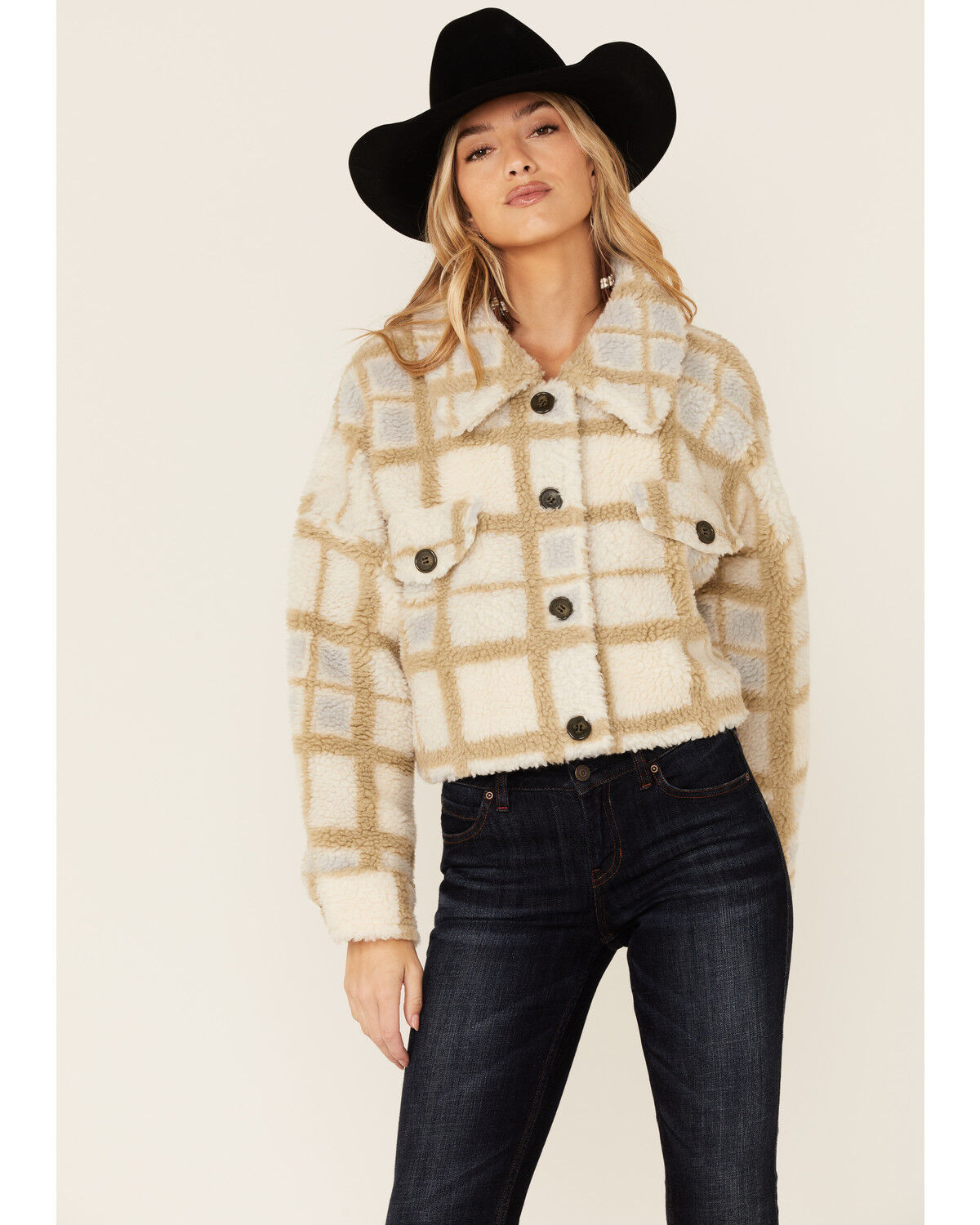 Image #1 - Vigoss Women's Ivory Grid Print Cropped Sherpa Jacket, Ivory, hi-res