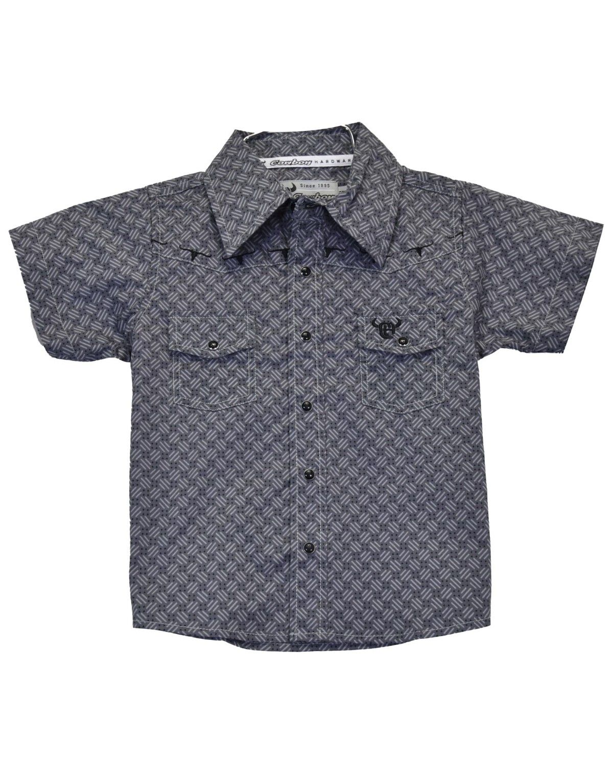 Image #1 - Cowboy Hardware Toddler Boys' Geo Print Short Sleeve Snap Stretch Western Shirt, Grey, hi-res