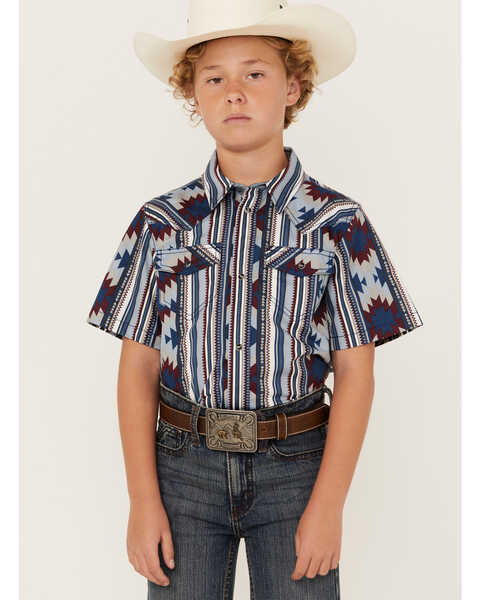 Cody James Boys' Southwestern Striped Short Sleeve Snap Western Shirt, Light Blue, hi-res