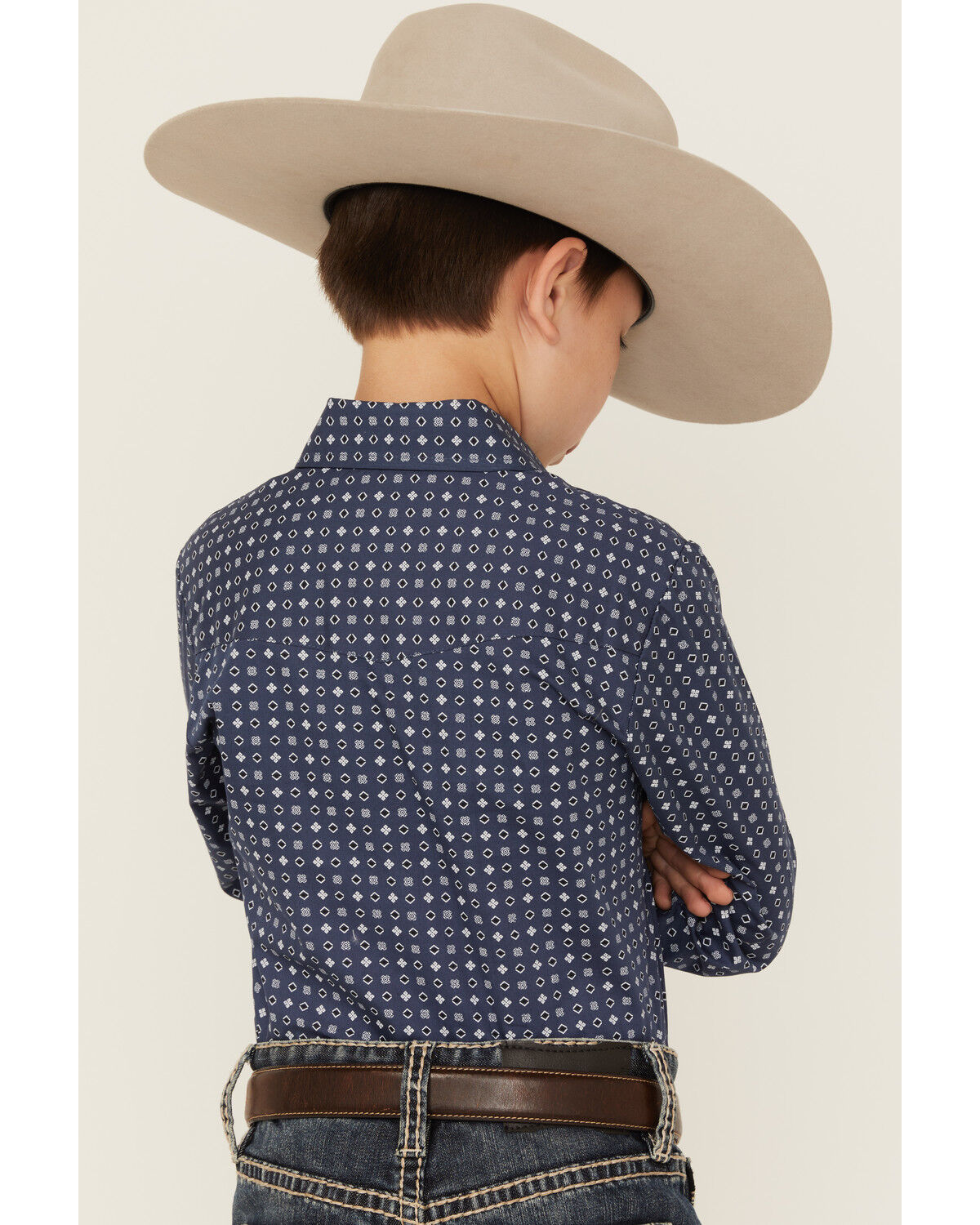 Image #4 - Ely Walker Boys' Geo Print Long Sleeve Snap Stretch Western Shirt, Navy, hi-res