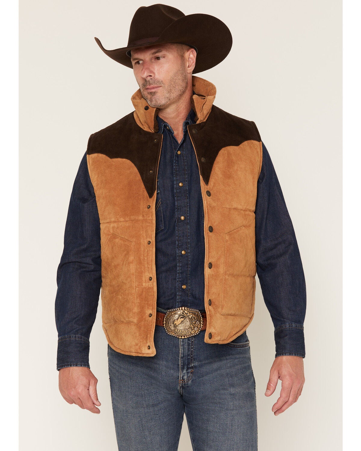 Cripple Creek Men's Suede Color Block Snap Puffer Vest, Cognac, hi-res
