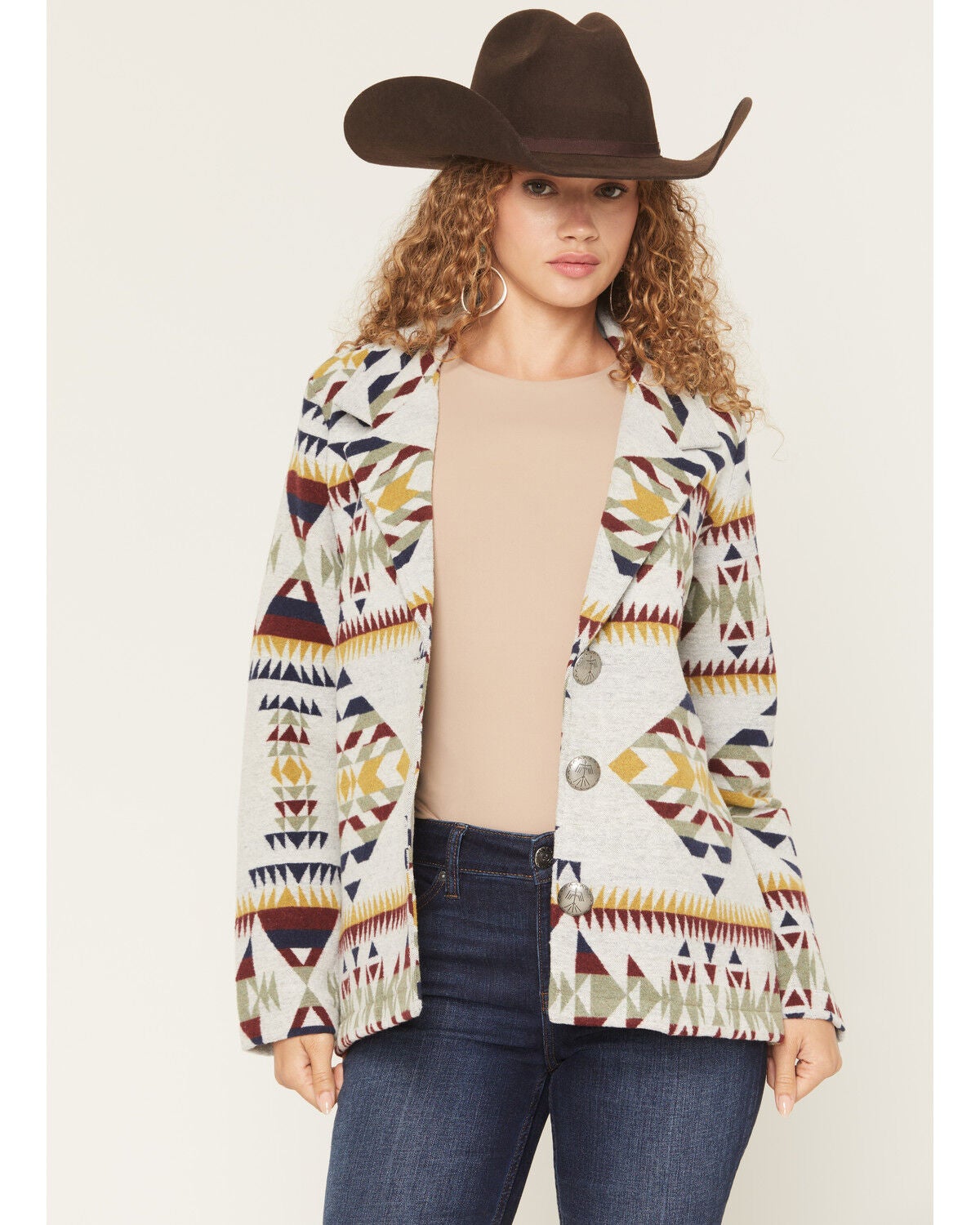 Image #1 - Cotton & Rye Women's Boot Barn Exclusive Southwestern Print Blazer, Ivory, hi-res