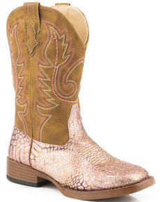Roper Youth Girls' Pink 'n Gold Glitter Cowgirl Boots - Square Toe, Pink, hi-res