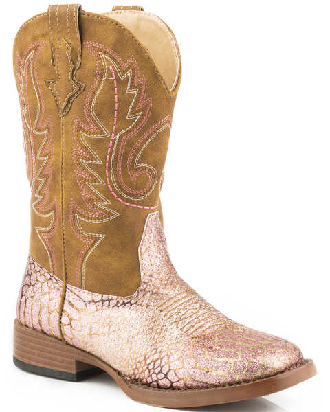 Roper Youth Girls' Pink 'n Gold Glitter Western Boots - Square Toe, Pink, hi-res