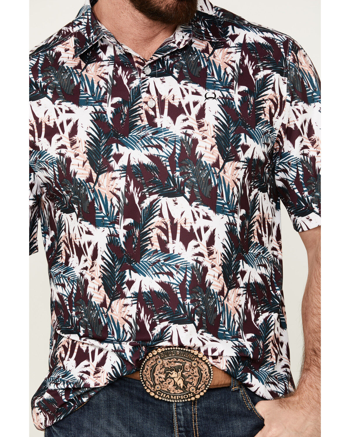 Image #3 - Cinch Men's ARENAFLEX® Palm Leaf Print Short Sleeve Performance Polo, Purple, hi-res