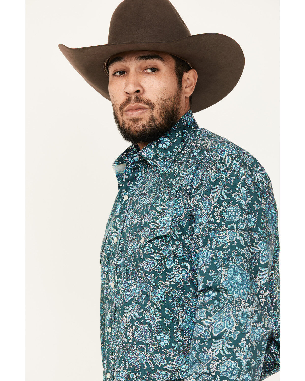 Image #2 - Stetson Men's Floral Print Long Sleeve Pearl Snap Western Shirt, Teal, hi-res