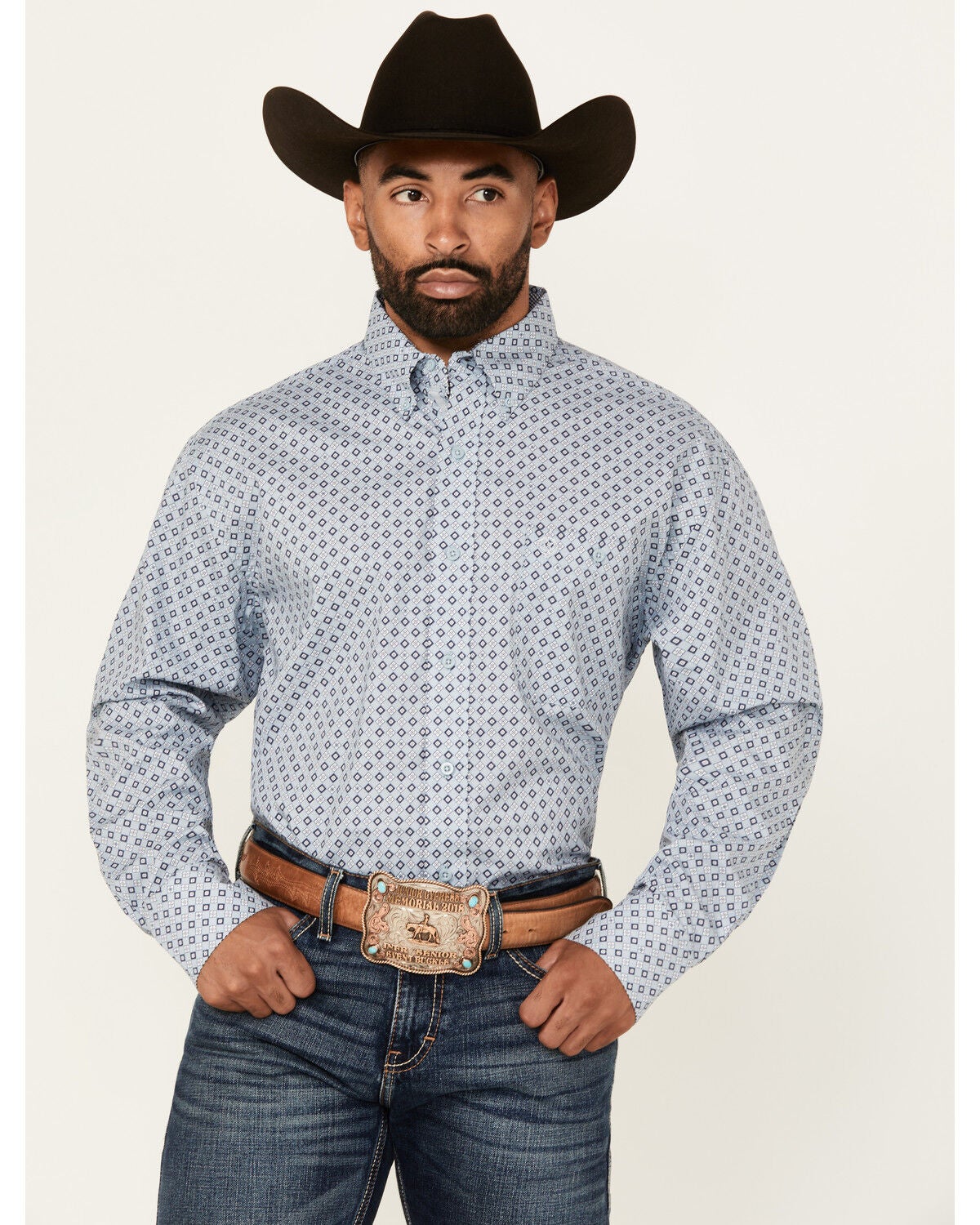 George Strait by Wrangler Men's Geo Print Long Sleeve Button-Down Stretch Western Shirt - Tall, Blue, hi-res