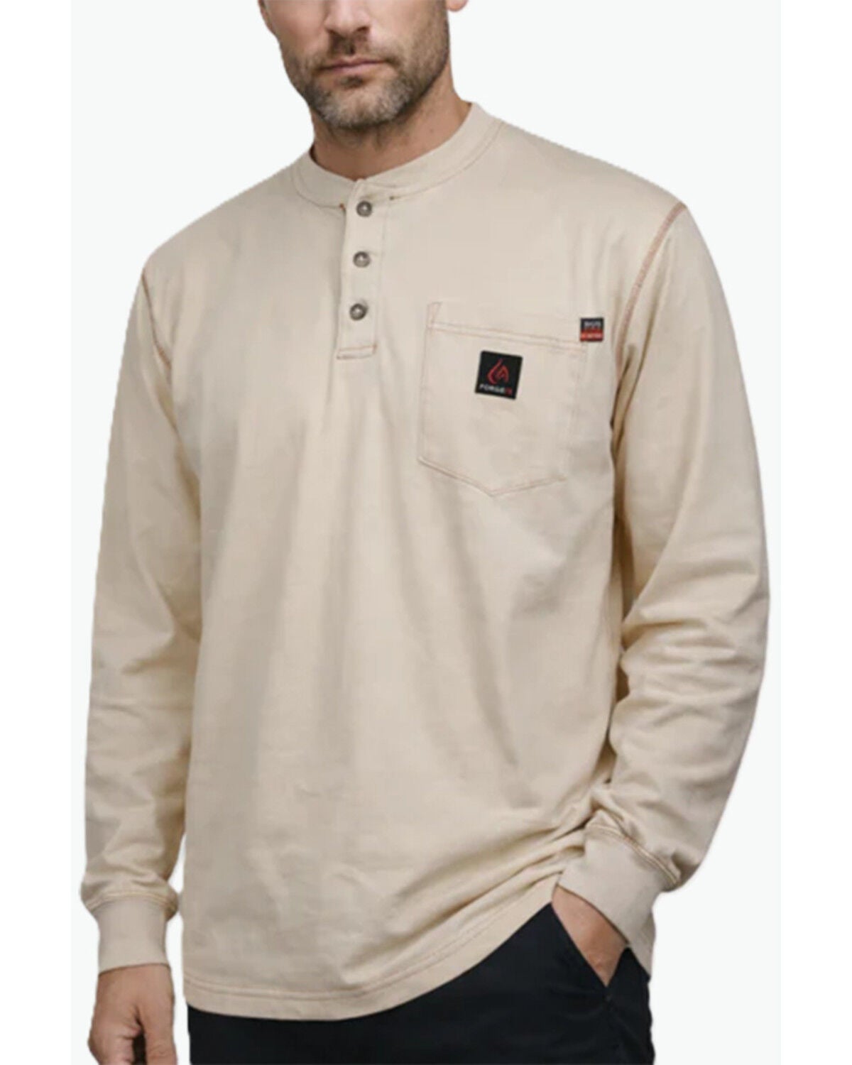 Image #1 - Forge Workwear Men's FR Solid Long Sleeve 1/4 Button-Down Henley Work Shirt, Sand, hi-res