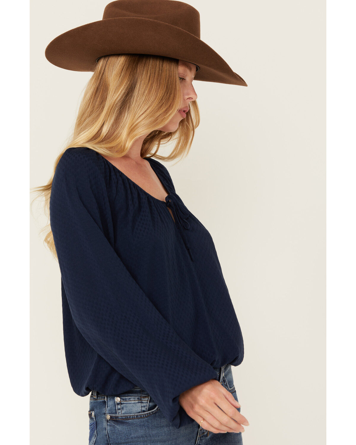 Image #2 - Cleo + Wolf Women's Christopher Solid Long Sleeve Peasant Top, Navy, hi-res