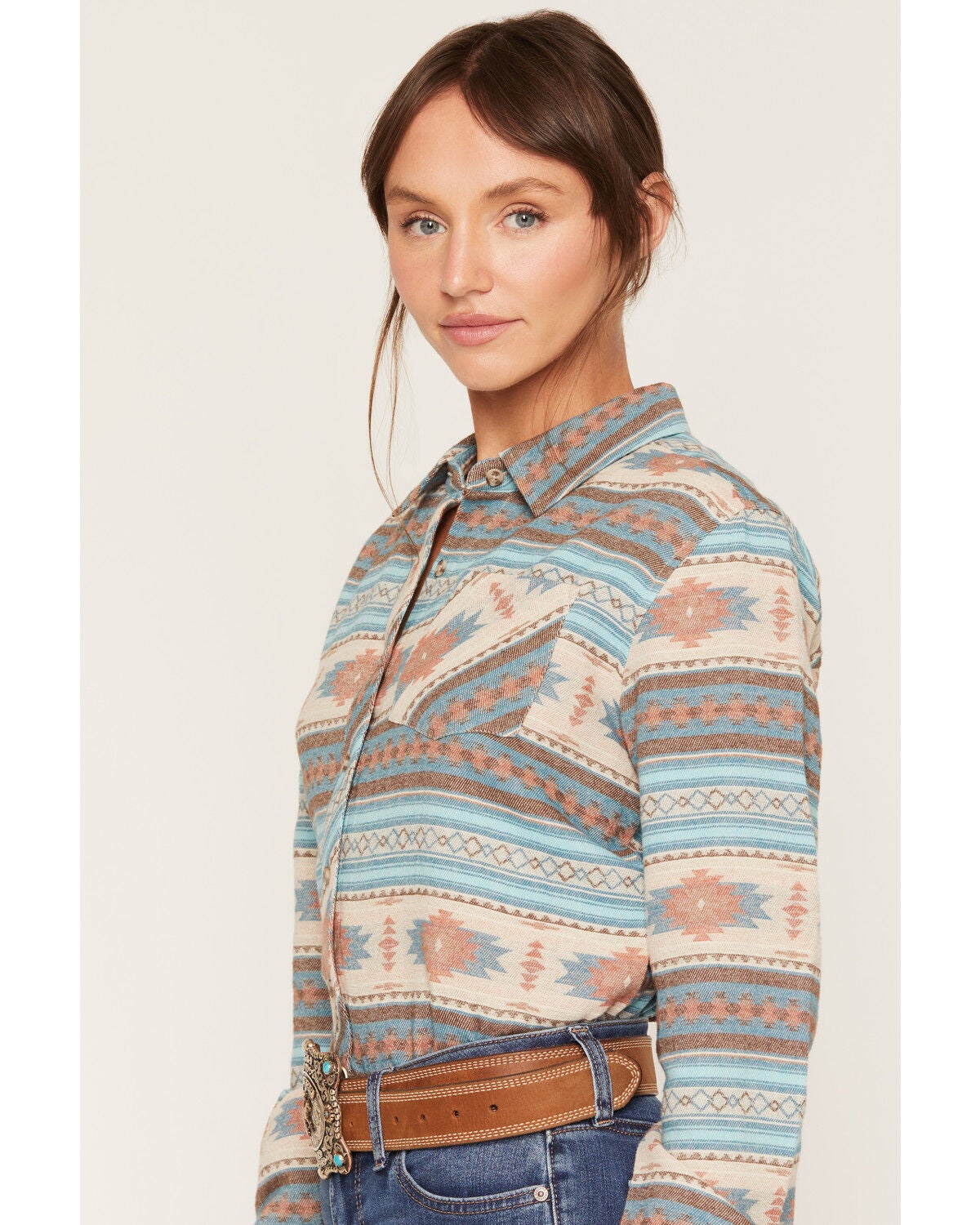 Image #2 - Shyanne Women's Farris Southwestern Print Long Sleeve Relaxed Flannel Shirt, Royal Blue, hi-res