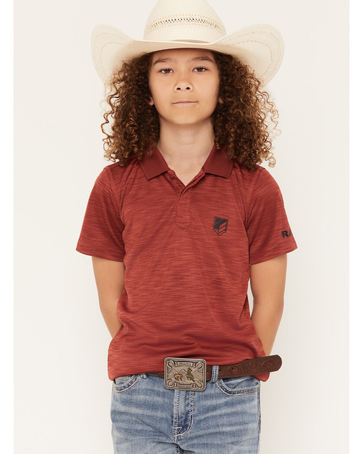 RANK 45&reg; Boys' Heeler Solid Short Sleeve Button-Down Polo Shirt, Brick Red, hi-res