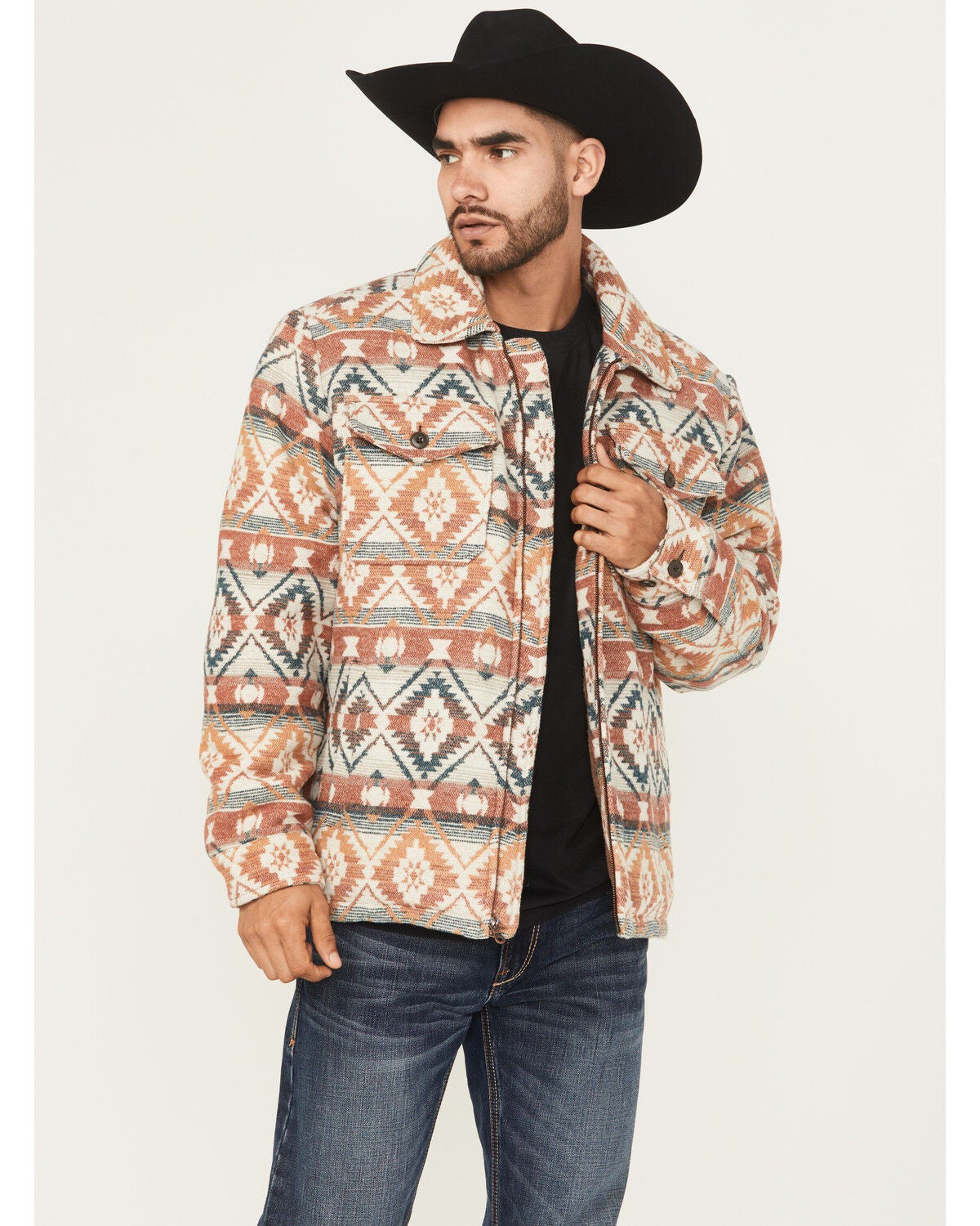 Cripple Creek Men's Southwestern Print Sherpa Lined Blanket Shirt Jacket, Cream/red, hi-res