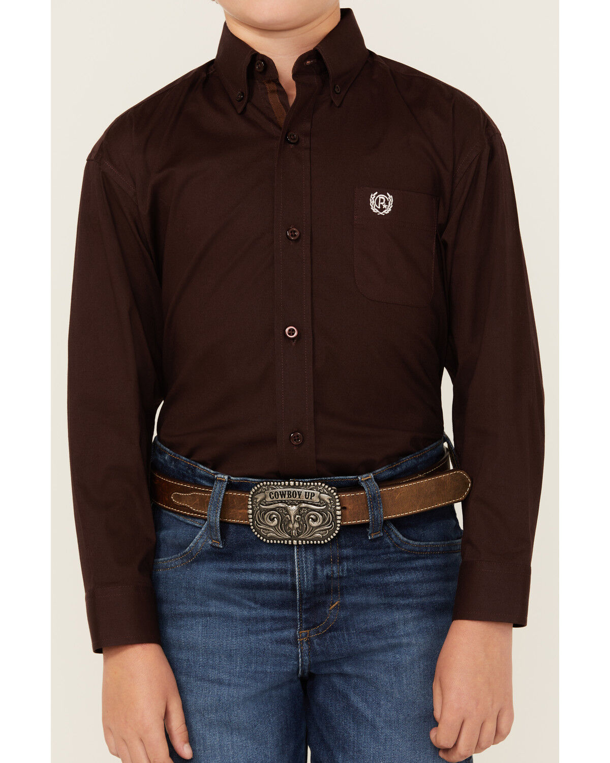 Image #3 - Panhandle Select Boys' Solid Long Sleeve Button-Down Stretch Western Shirt, Brown, hi-res