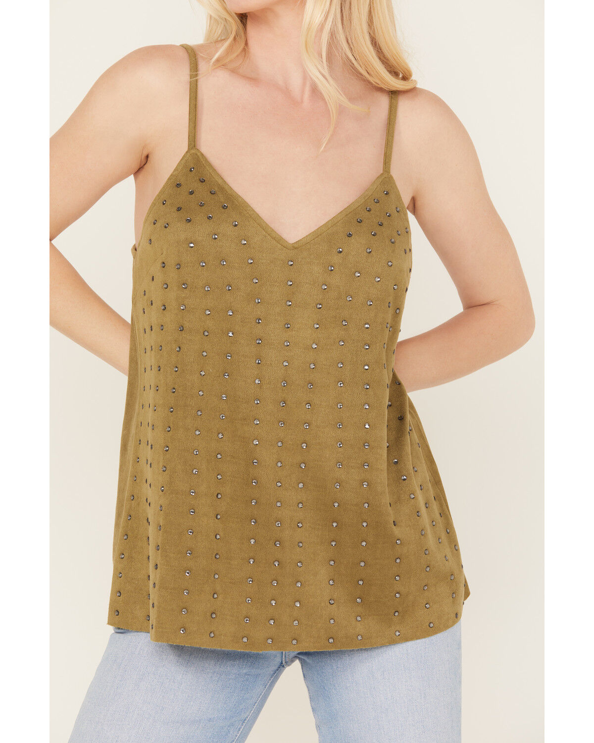 Image #3 - Vocal Women's Studded Faux Suede Cami Top, Olive, hi-res