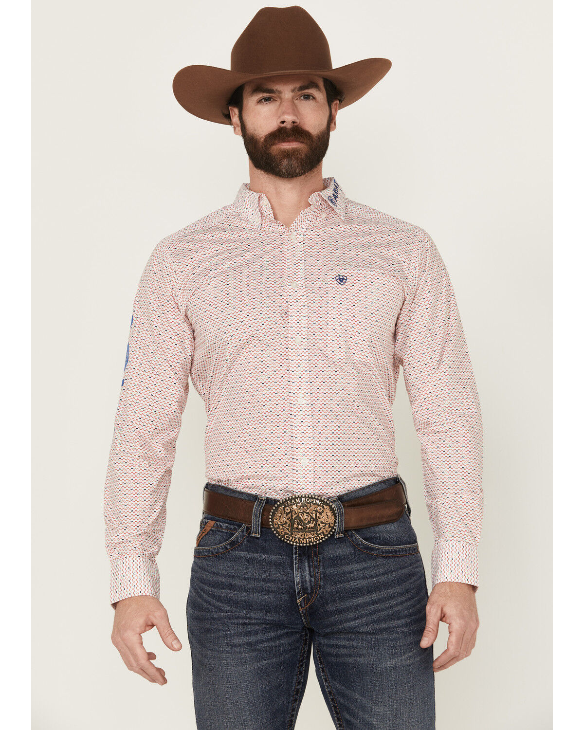 Image #1 - Ariat Men's Team Primo Logo Printed Long Sleeve Button-Down Western Shirt, White, hi-res