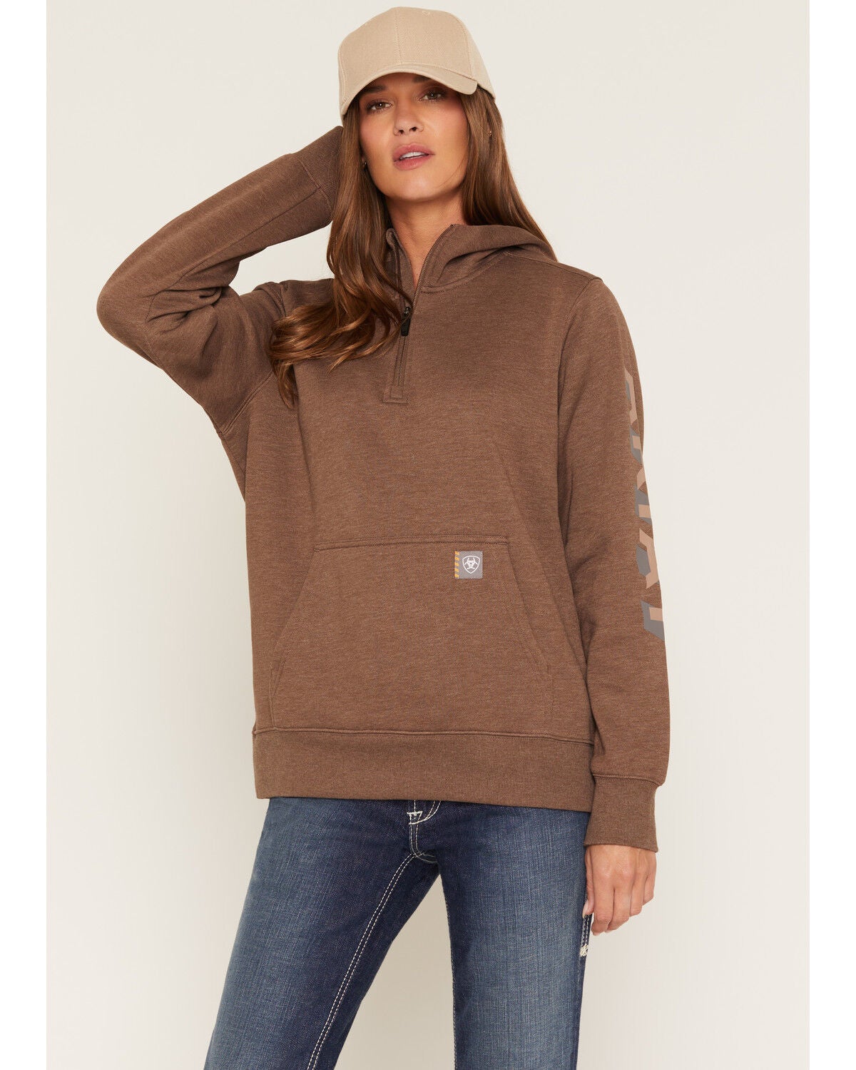 Ariat Women's Rebar Lightweight Logo 1/2 Zip Hooded Pullover, Brown, hi-res