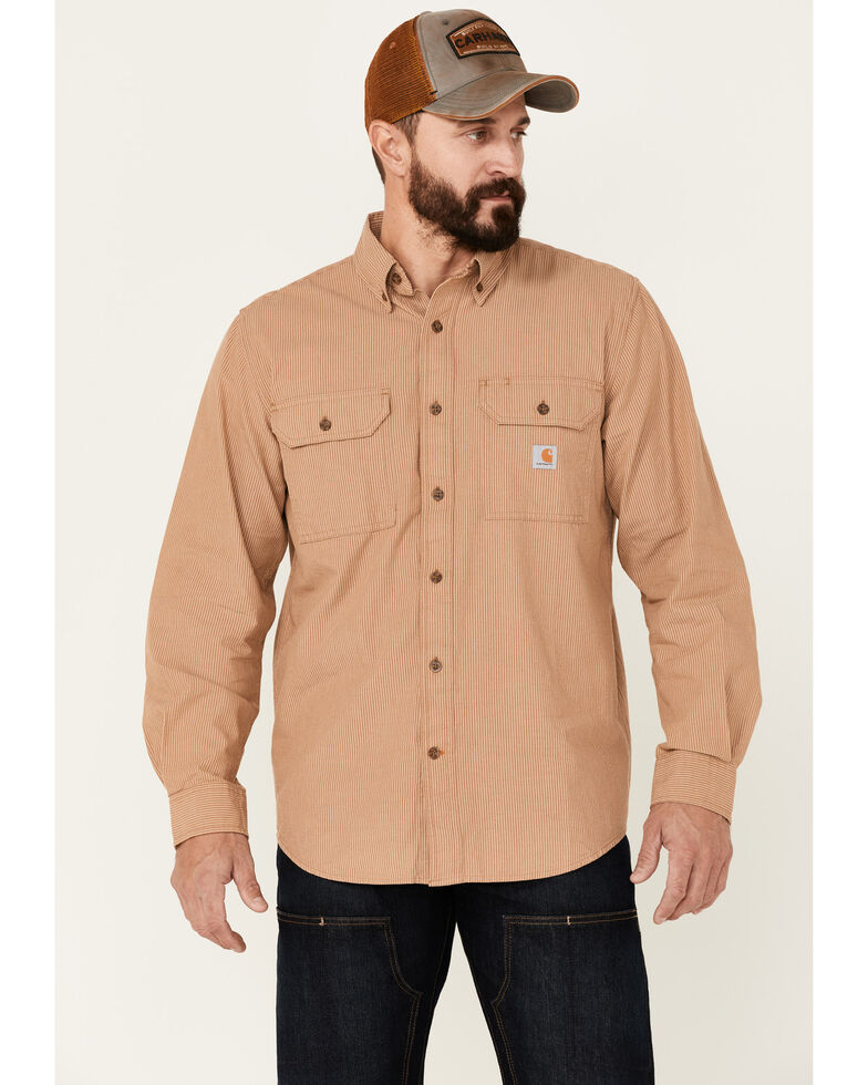 Carhartt Men's Brown Chambray Solid Midweight Button-Down Western Shirt - Tall , Brown, hi-res