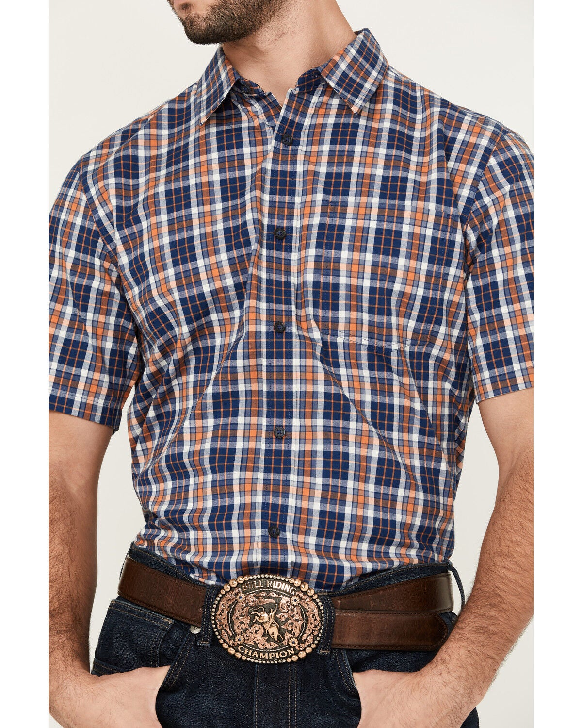 Image #3 - Cody James Men's Tequila Sunrise Plaid Print Short Sleeve Button-Down Stretch Western Shirt, Navy, hi-res