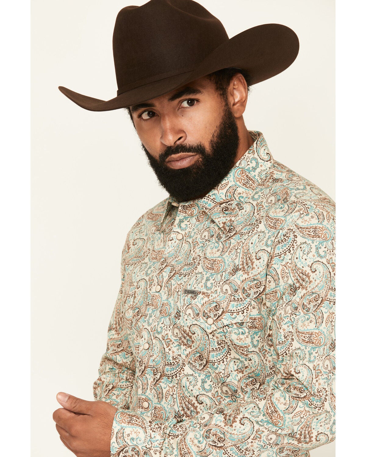 Image #2 - Rock & Roll Denim Men's Paisley Print Long Sleeve Snap Stretch Western Shirt, Teal, hi-res