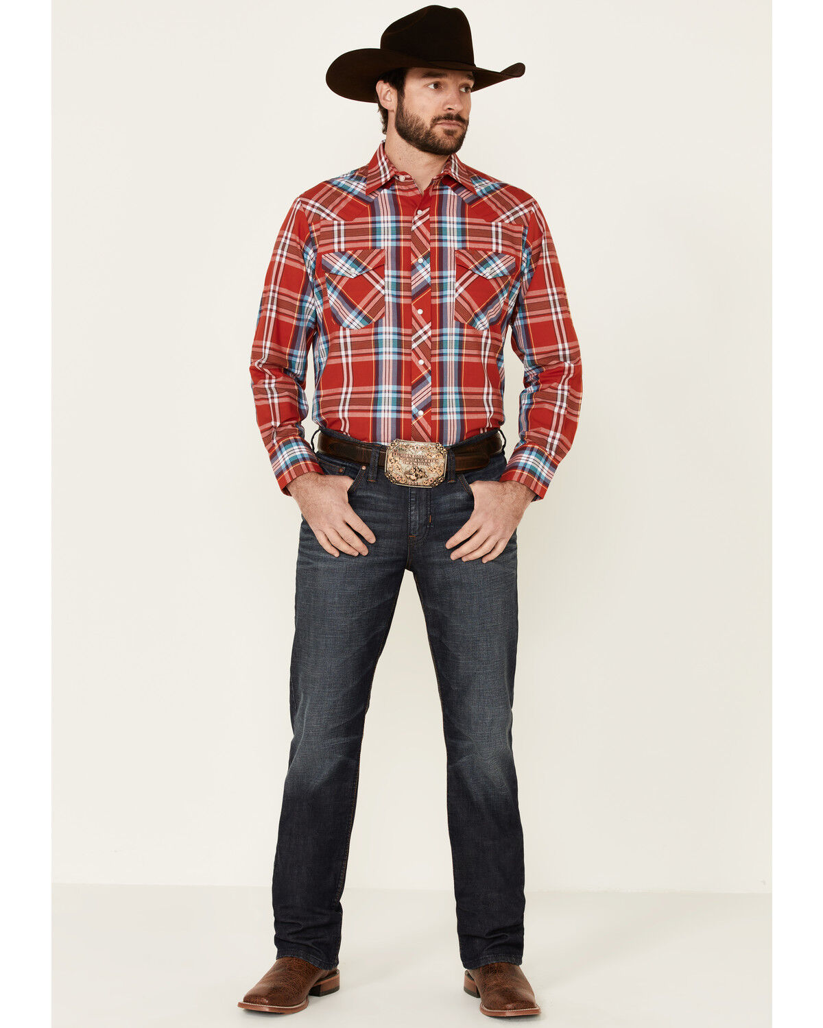 Image #2 - Roper Men's Warm Red Large Plaid Long Sleeve Pearl Snap Western Shirt, Red, hi-res